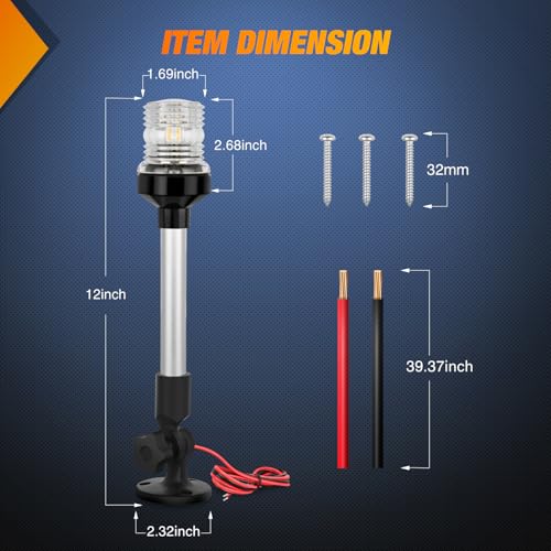 Nilight Marine Boat Stern Light 12" White Fold Down Anchor Lights - color: 12Inch Boat Stern Light