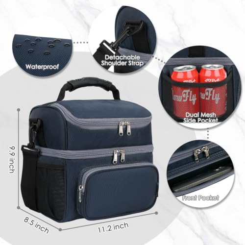 FlowFly Double Layer Cooler Insulated Lunch Bag Adult Lunch Box Large Tote Bag for Men, Women, With Adjustable Strap,Front Pocket and Dual Large Mesh Side Pockets - color: Cyan