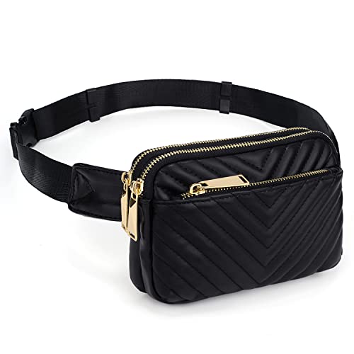 UTO Fanny Pack Crossbody Belt Purse Chest Waist Hip Travel Hiking Bumbag - color: 0759 PU Leather Quilted Black V