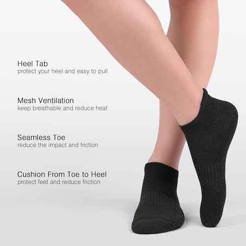 Felicigeely Athletic Running Ankle Socks Cushioned Low Cut Men Women 6 Pack - color: Pure Black, size: 12-14