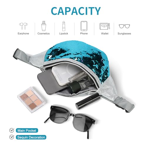 Holographic Sequined Fanny Packs for Women, Waist Belt Bag Fashion, Crossbody Bum Bag for Running, Blue - color: Blue
