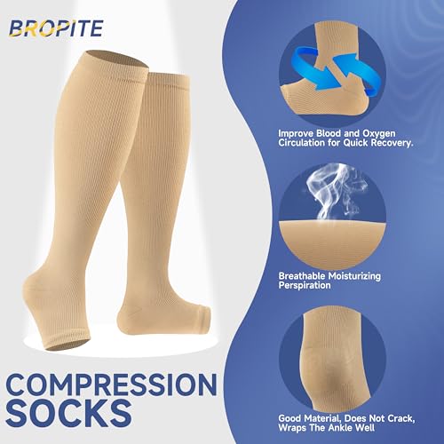 bropite Open Toe Compression Socks for Women，3 Pairs Toless Knee-High Socks - color: G-nnn Open, size: 3X-Large