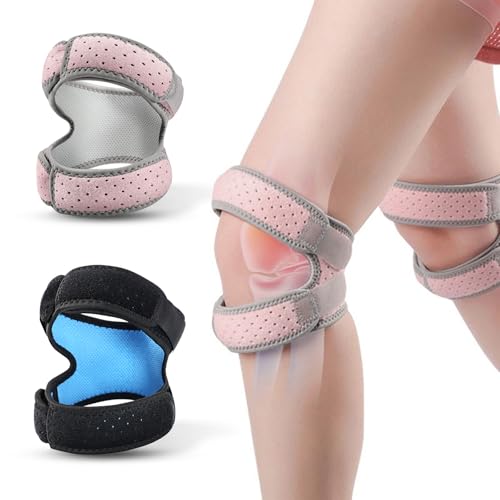 2-Pack Open Patella Knee Brace for Men Women, Adjustable Dual Strap Knee Support Brace for Meniscus, Running, Squats, Workouts, Sports (Pink & Grey)