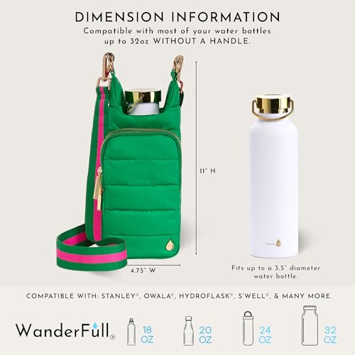 WanderFull Original HydroBag Crossbody Water Bottle Holder with Phone Pocket, Fits Water Bottles up to 32 oz - color: Kelly Green Matte - Striped Strap