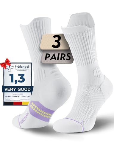 Juclise Women's Compression Crew Running & Hiking Socks, 3 Pairs, Cushioned - color: Bright Lilac, size: Medium