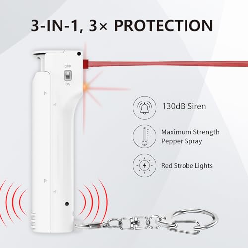 3-in-1 Personal Alarm and Pepper Spray Combo for Women, Red Max Pepper Gel & Extra Loud Siren & Strobe Lights, Flip-top Safety Cap & UV Marking Dye, Spray Canister Replaceable - color: White