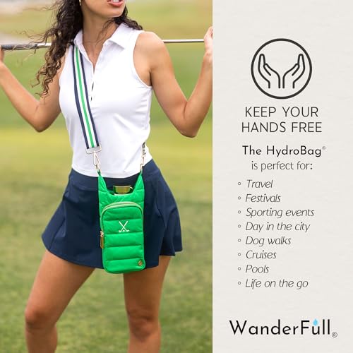 WanderFull® Original HydroBag®, Fits Up to 32 oz Water Bottle Holder with Strap, Gift for Women, Hands-Free Crossbody, Water Bottle Carrier Bag with Phone Pocket - color: Kelly Green Golf Embroidery