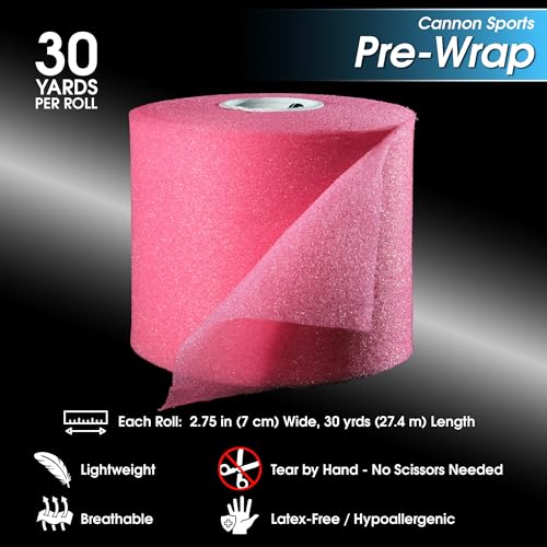 Cannon Sports Pre Wrap Foam Underwrap - 2 Pack, 2.75" x 30 Yards Per Roll (60 Total Yards) - Athletic Underwrap for Sports Tape, Training & Exercise (Hot Pink) - color: Hot Pink