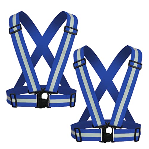 Reflective Strap Safety Vest Gear - 2-10 Pack Adjustable High Visible Reflective Running Gear for Women Men Night - color: Blue x2