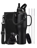 32oz Insulated Water Bottle with Handle, Straw Lid & Spout Lid – Leak-Proof - color: Onyx Black, size: 32 Ounces with built-in handle
