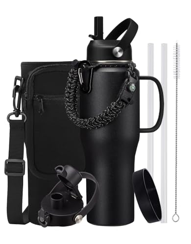 32oz Insulated Water Bottle with Handle, Straw Lid & Spout Lid – Leak-Proof - color: Onyx Black, size: 32 Ounces with built-in handle
