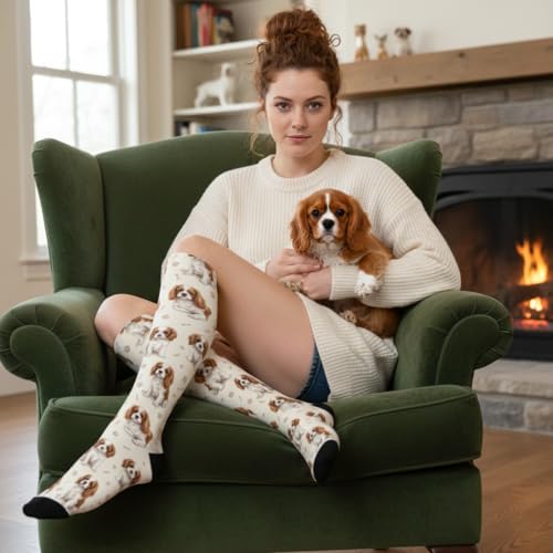 Cute Dog Compression Socks Women Men, Dog Lover Gift - color: King Charles Cavalier1