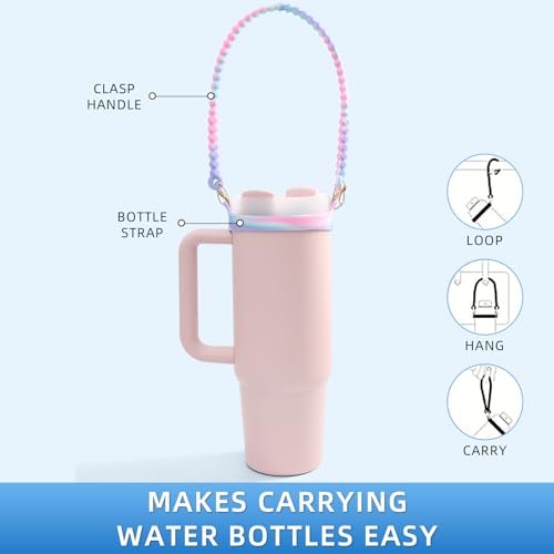2Pack Water Bottle Handle - Soft Silicone Holder, Sling, Lanyard Fits Most 8-40oz Bottles, Compatible Stanley Cup - color: Pink+Carnation