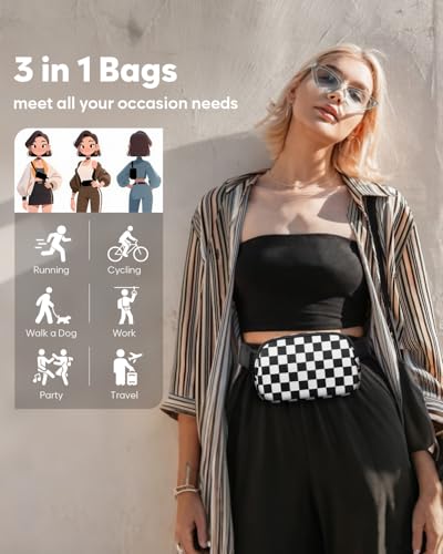 Pritent Fanny Packs for Women Crossbody Belt Bag With Zipper Back Pocket - color: Checkered Black, size: Large