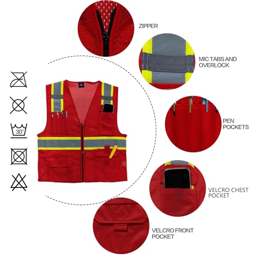 VENDACE Hi Vis Safety Reflective Mesh Vest for Men ANSI Class 2 High Visibility Vest with 8 Pockets and Zipper Red