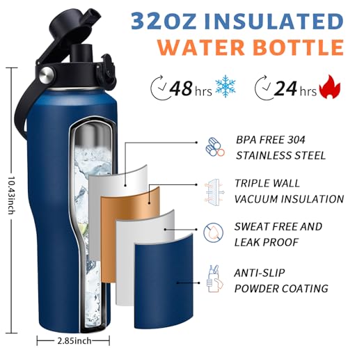 32 oz Vacuum Insulated Water Bottle, Fits Car Cup Holder – Leak Proof Mug - color: Navy Blue, size: 32 Ounces