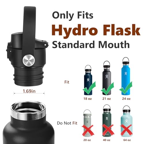 EIPOSAU Auto Flip Lid for Hydro Flask Standard Mouth Bottle, Spout lid for HydroFlask Narrow Mouth Bottle, Replacement Lid with Button Lock - color: Black Spout Lid 2PCS