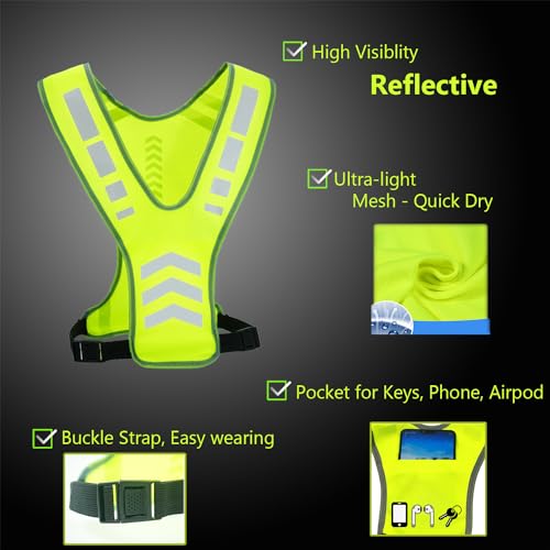Reflective Running Vest Gear with Pocket for Women Men Kids, Safety Reflective Vest Bands for Night Cycling Walking Bicycle Jogging