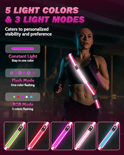 Fitense LED Reflective Belt Sash - 5 Lights Colors & 3 Light Modes High Visibility Night Safety Belt, Rechargeable Light Up Running Gear Adjustable Vest Straps for Runners Walkers Men Women - color: Pink, style: Classic