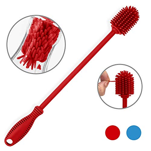 Silicone Bottle Cleaning Brush with Long Handle, BPA Free 12.5" Water Bottle Cleaner for Baby Bottles, Hydro Flask, Sports Bottle, Vase, Glassware, Perfect for Smaller Diameter Bottle Openings (Red) - color: Red