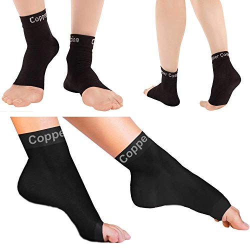 Copper Compression Foot Sleeves - Plantar Fasciitis, Achilles, Ankle Support Brace Socks - Day / Night Relief from Heel Spurs, Arch Pain, Swelling, Soccer Injuries, Golf, Running - 1 Pair Black - L - size: Large