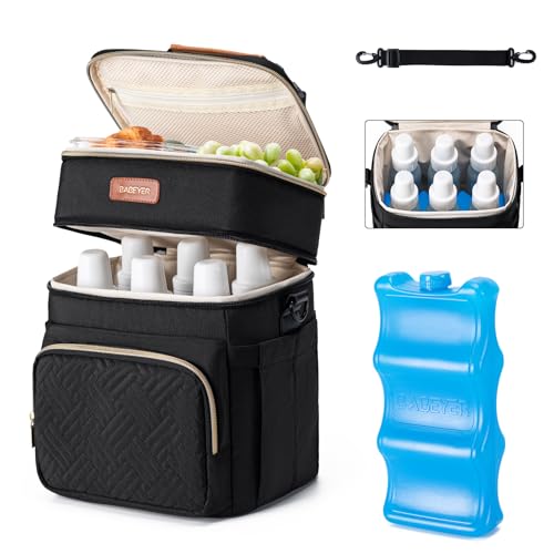Breastmilk Cooler Bag with Ice Pack Fits 6 Baby Bottles Up to 9 Ounce, Double Deck Leak-Proof Baby Bottles Bag with Shoulder Strap for Nursing & Working Mom, - color: Black with pocket