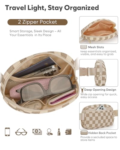 Pritent Fanny Packs for Women Crossbody Belt Bag With Zipper Back Pocket - color: Checkered Khaki, size: Small