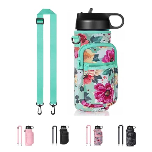 40oz Neoprene Water Bottle Sling with Phone Pocket, Crossbody - color: Flower Green, size: 32oz Short
