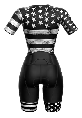Sparx Aero Triathlon Suit Women Short Sleeve Tri Suit Women Running Swimming Cycling SkinSuit - color: B&w Flag, size: Small