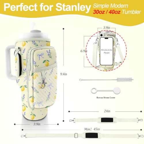 Water Bottle Carrier Bag for Stanley Cup 40oz/30oz with Phone Pocket, Neoprene Water Bottle Holder with Adjustable Shoulder & Handle Strap, Stanley Cup Accessories for Walking Travel Gym - color: Lemon