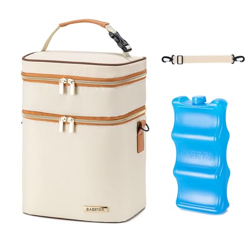Breastmilk Cooler Bag with Ice Pack Fits 6 Baby Bottles Up to 9 Ounce, Double Deck Leak-Proof Baby Bottles Bag with Shoulder Strap for Nursing & Working Mom, - color: Cream