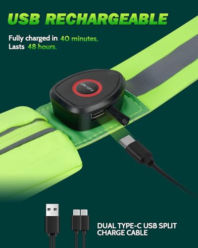 Fitense LED Reflective Belt Sash - 5 Lights Colors & 3 Light Modes High Visibility Night Safety Belt, Rechargeable Light Up Running Gear Adjustable Vest Straps for Runners Walkers Men Women - color: Green, style: Pouch