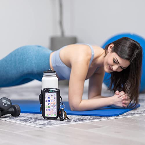 Gym Water Bottle Pouch with Waterproof Touchscreen Accessory Pocket for Phone. Keychain Carabiner, Side Mesh Pocket for AirPods. Fits 18-40 oz Stanley, Hydro Flask, Yeti, Iron Flask Bottles - style: Touchscreen Phone Pouch (Black 18-40 oz)