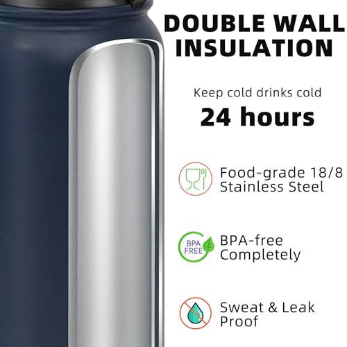 Fanhaw 24oz Stainless Steel Water Bottle with Chug Lid, Navy Blue - color: Navy Blue, style: 24 Ounces