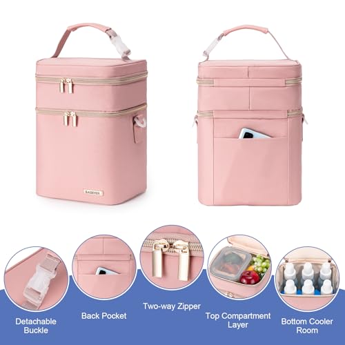 Breastmilk Cooler Bag with Ice Pack Fits 6 Baby Bottles Up to 9 Ounce, Double Deck Leak-Proof Baby Bottles Bag with Shoulder Strap for Nursing & Working Mom, - color: Pink