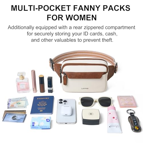 LATMAP 3L Fanny Packs for Women Cross Body Bag Vegan Leather Belt Bag Beige - color: Beige