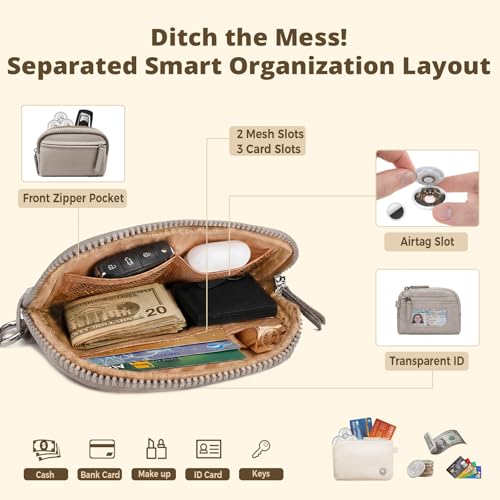Dual Pouch Wristlet Keychain Wallet for Women, Coin Purse with RFID Blocking, Nylon Phone Wallet & Card Holder - color: Creamy Beige+Warm Taupe