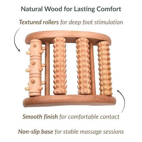 Wooden Foot Roller Massager, 4 Textured Rollers, Reflexology Tool, Brown