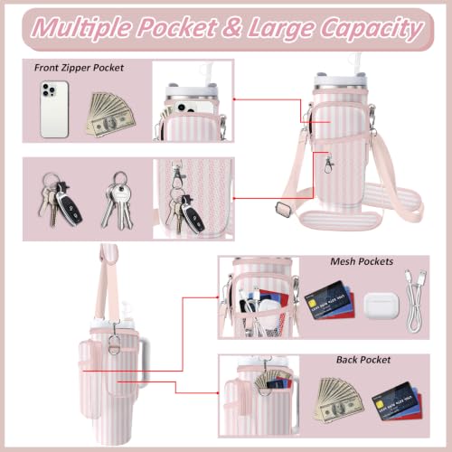 Water Bottle Carrier Bag for Stanley 40/30oz Cup Tumbler with Phone Pocket,Insulated Crossbody Water Bottle Holder with Adjustable Strap,Water Bottle Sling Pouch for Hiking Walking Camping Accessories - color: Pink Stripes