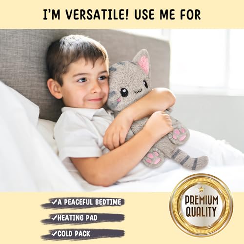 Grey Cat Microwavable 1.5 lbs Unscented Heating Pad for Women and Kids- Cute Soft Cozy Pillow Plush Heatable Warm Stuffed Animals - Kawaii Hot and Cold Plushie - Grey Cat Gifts for Girls and Women - color: Grey Cat