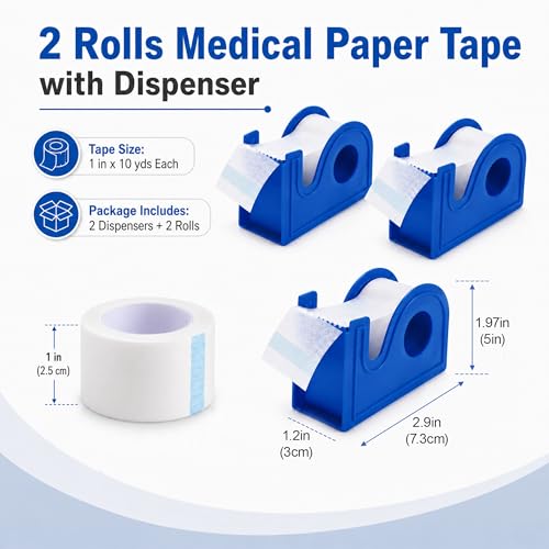 2 Rolls Medical Paper Tape with Dispenser, 1 Inch x 10 Yards,Microporous Surgical Paper Tape for Skin, Dressings, Wound First Aid Tape(White) - color: White