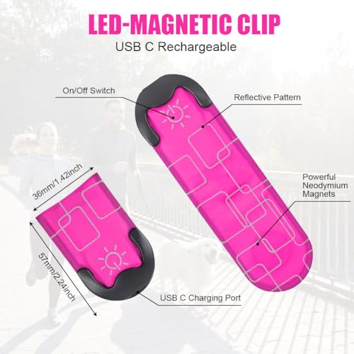 Aucuu Reflective Running Gear Set, Magnetic LED Clip Lights, Rechargeable Magnet Clip, Running Safety Lights with 3 Lighting Modes, High Visibility, Brightly Luminous for Night Running, Cycling - color: #2 Pink
