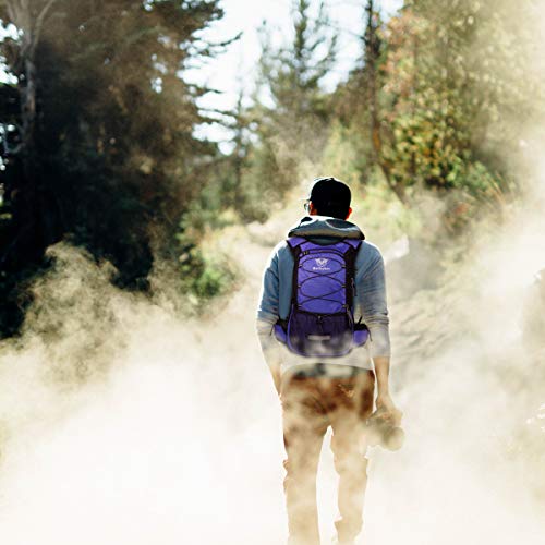 Mothybot Insulated Hydration Backpack Pack with 3L BPA Free Leak Proof Water Bladder, Large Storage Lightweight Hiking Daypack with Waist Pouches & Cooler Layer, for Running, Biking, Camping, Festival - color: Purple