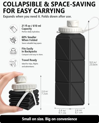 BEAUTAIL Collapsible Water Bottles 21oz/610mL, Silicone Travel Water Bottle - color: Black+Dark Blue