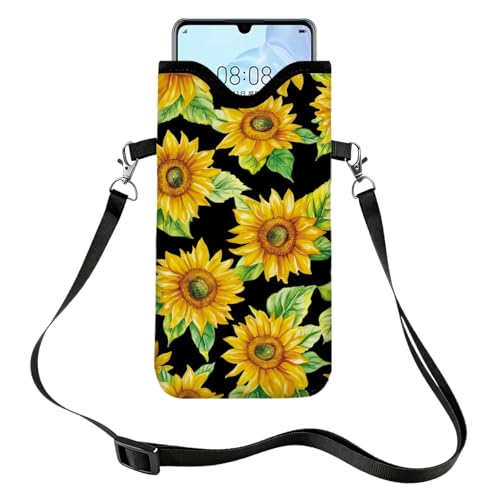 GLOBLELAND Sunflowers Cell Phone Sleeve Pouch Case Bag 7.1×3.9 inch Flowers Shockproof Universal Phone Bag with Crossbody Strap Neck Lanyard for Women Men Phone Headphones Watch - color: Sunflowers