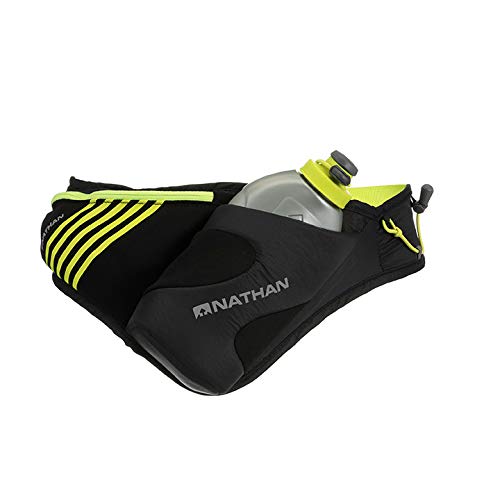 Nathan Peak Running Hydration Waist Pack Belt w/ Speed Draw Flask Water Bottle, 18oz/535 ml Push/Pull Race Cap, Expandable Zippered Stretch Pocket - color: Black