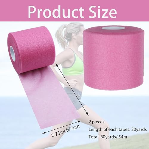 2 Rolls 60 Yards Pre-wrap Athletic Tape Foam Underwrap Tape Sports Foam Underwrap Bandage Athletic Foam Tape for Wrists Elbows Knees Ankles Hair (Pink) - color: Pink
