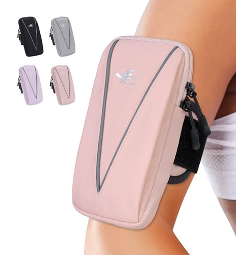 HiRui Cell Phone Holder Arm Bag & Wrist Bag for Phone, Sports Running Armband for Gym & Cycling, Compatible with iPhone 17/17Pro/Plus/16/15 Samsung Galaxy All Phones, Reflective & Adjustable (Pink) - color: Pink