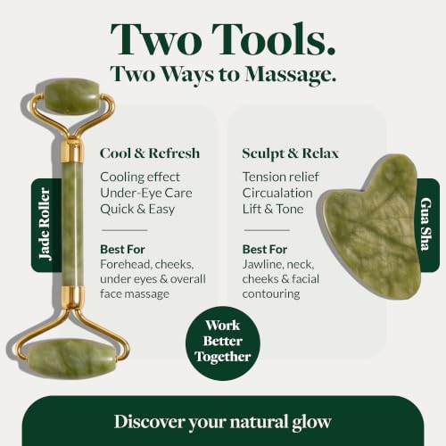 Jade Roller and Gua Sha - Spa Grade Face Roller Massager and Gua Sha Massage Tool Set. 100% Authentic Jade Stone. Reduces Puffiness, Wrinkles and Reveals Your Natural Glow
