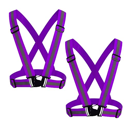 Reflective Strap Safety Vest Gear - 2-10 Pack Adjustable High Visible Reflective Running Gear for Women Men Night - color: Purple x2